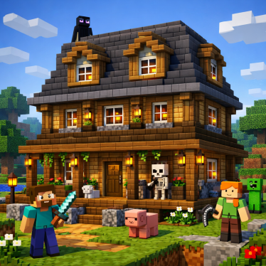 Minecraft style house with Mansard roof (AI approximation)