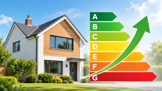 House alongside an EPC rating scale showing an improvement towards a higher energy efficiency rating