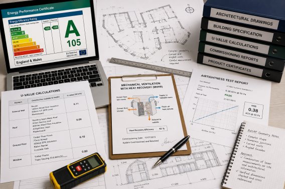 A Passivhaus-standard dwelling can require extensive documentary evidence to ensure an RdSAP assessment accurately reflects its performance. Evidence for this assessment included architectural drawings, U-value calculations, airtightness testing, MVHR com