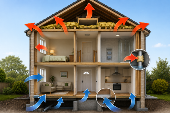 Common locations where unwanted air leakage can occur in a typical home. Warm air escaping through the building fabric is shown in red, while cold air entering is shown in blue.
