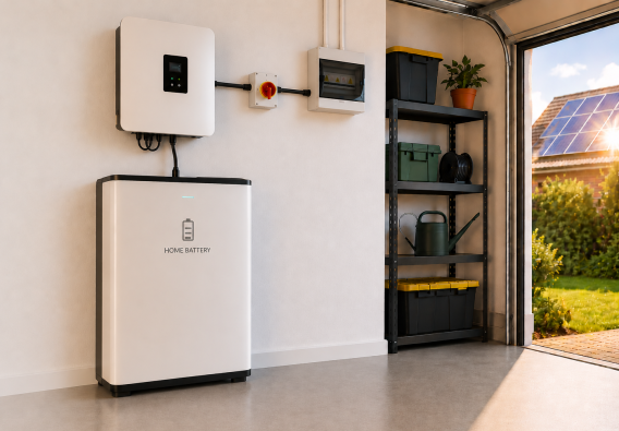 Modern home battery connected to a hybrid inverter in a domestic garage